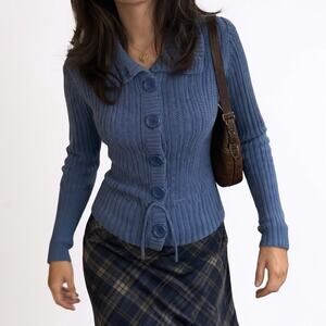 Cherokee Blue Ribbed Knit Cardigan Tie Waist Button Front Y2K Size L Fits S M